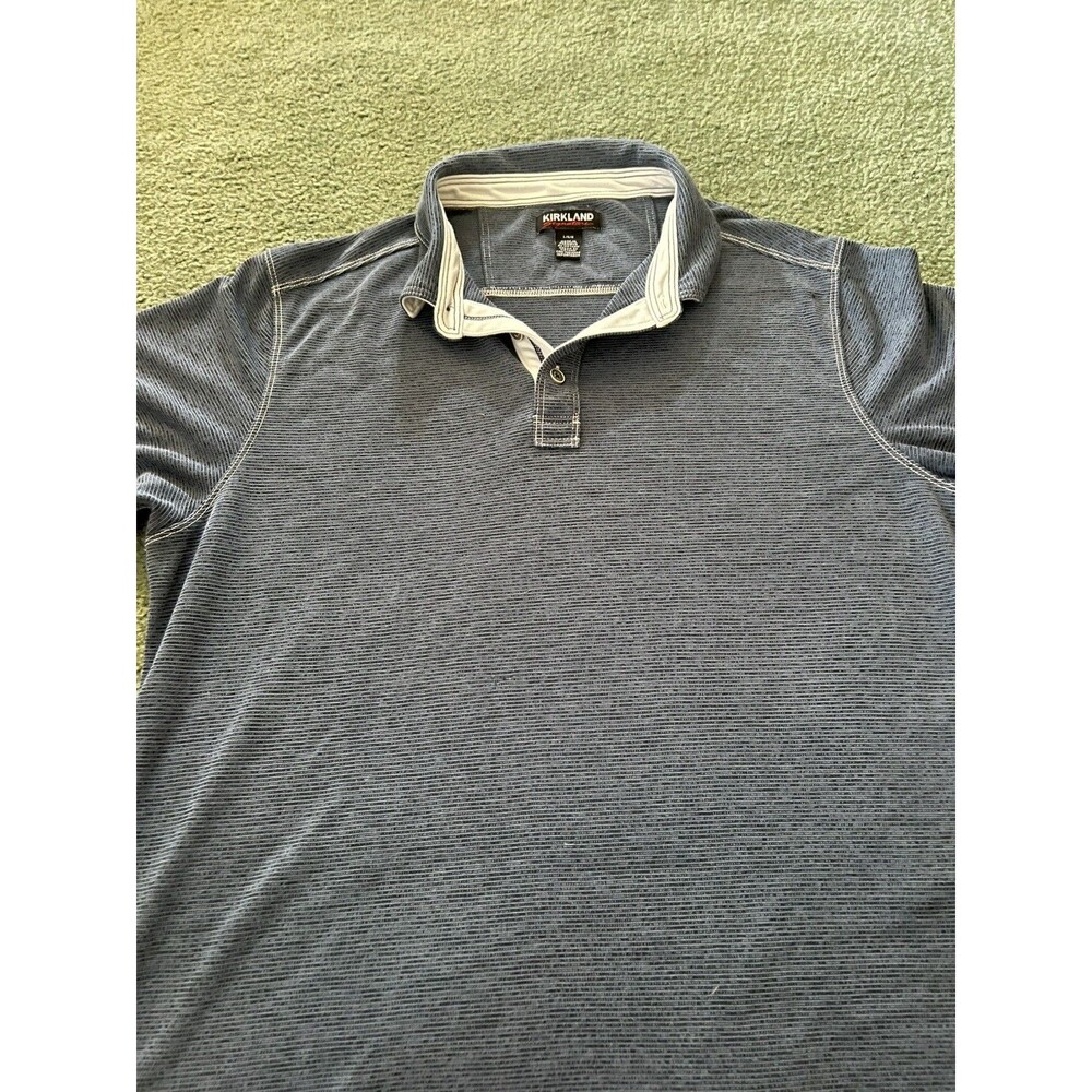 Kirkland Signature Polo Shirt Mens Large Burgundy Blue Striped Performance Golf